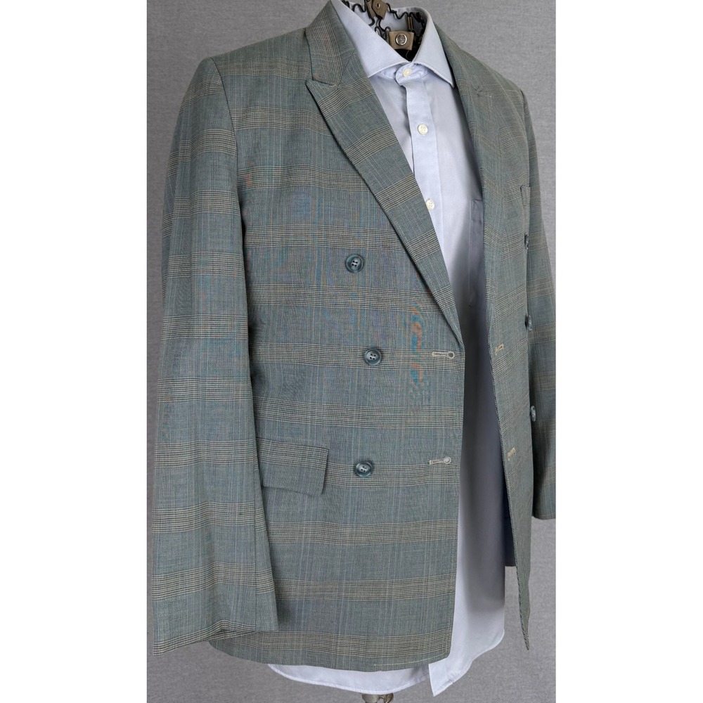 Vintage 60s Sears Pacemaker‎ Double Breasted Glen Plaid Blazer Grey Blue 36S